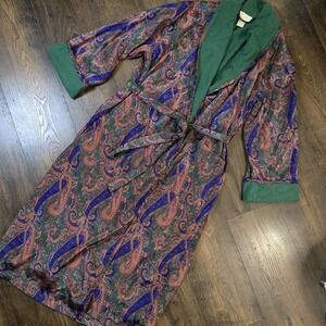 Vintage Victoria's Secret Gold Label Paisley Satin Robe XS/S‎ Green Terry Trim